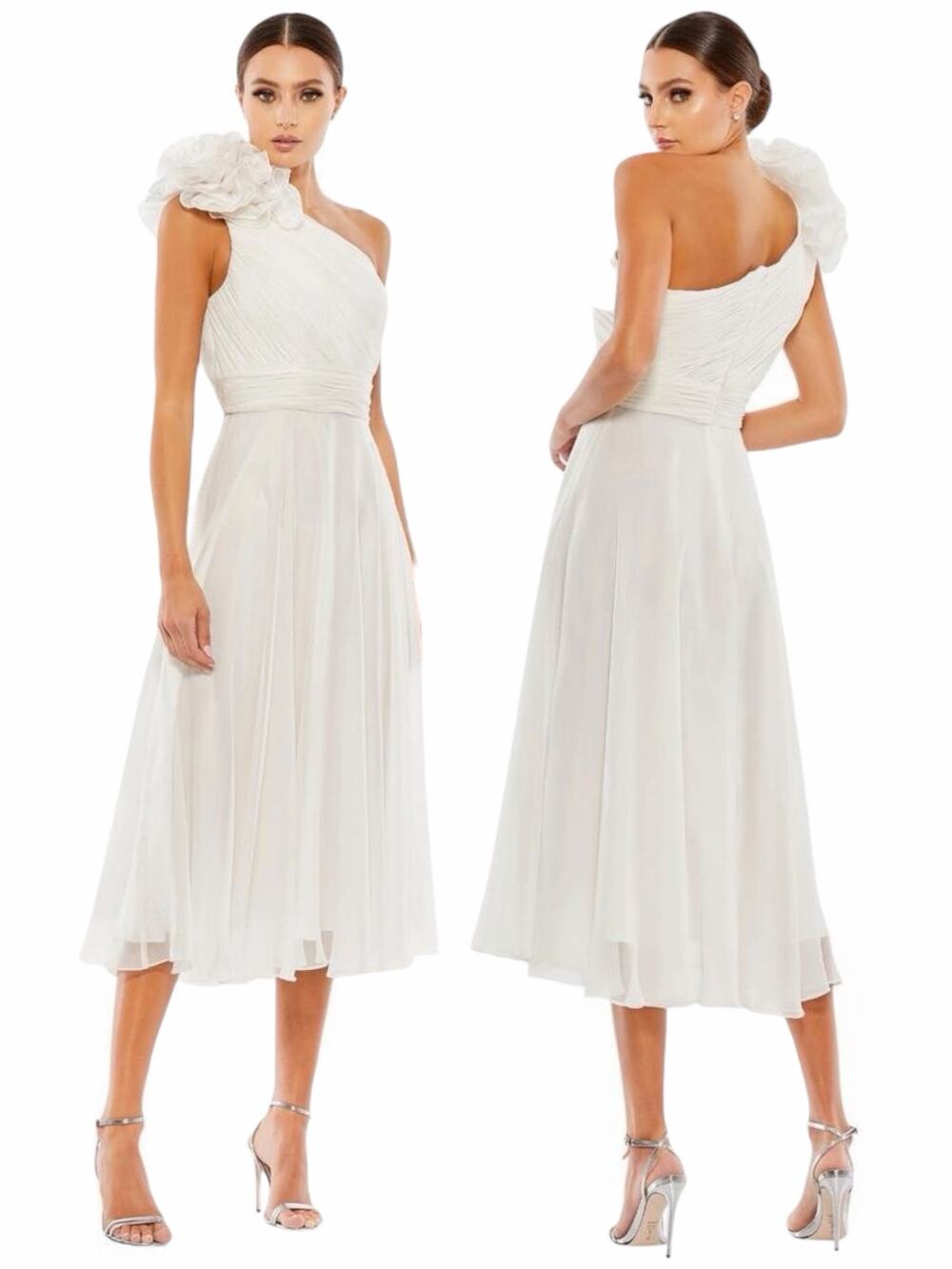 Mac Duggal Rosette One Shoulder Tea Length Dress White Size 12
